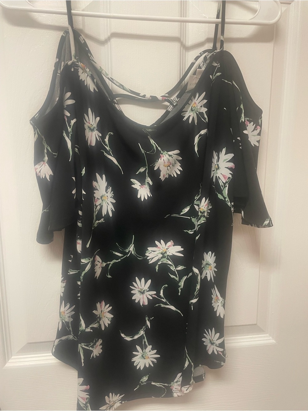 Kaileigh Black Floral Cold-Shoulder Spaghetti-Strap Blouse